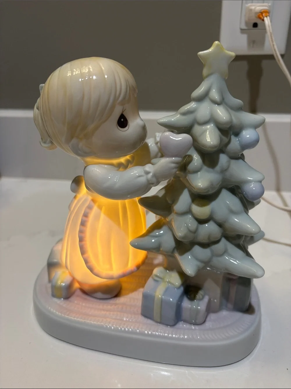Precious Moments White Porcelain Girl with Christmas Tree Nightlight
